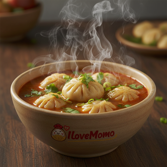 Chicken jhol momos with steam and IloveMomo logo